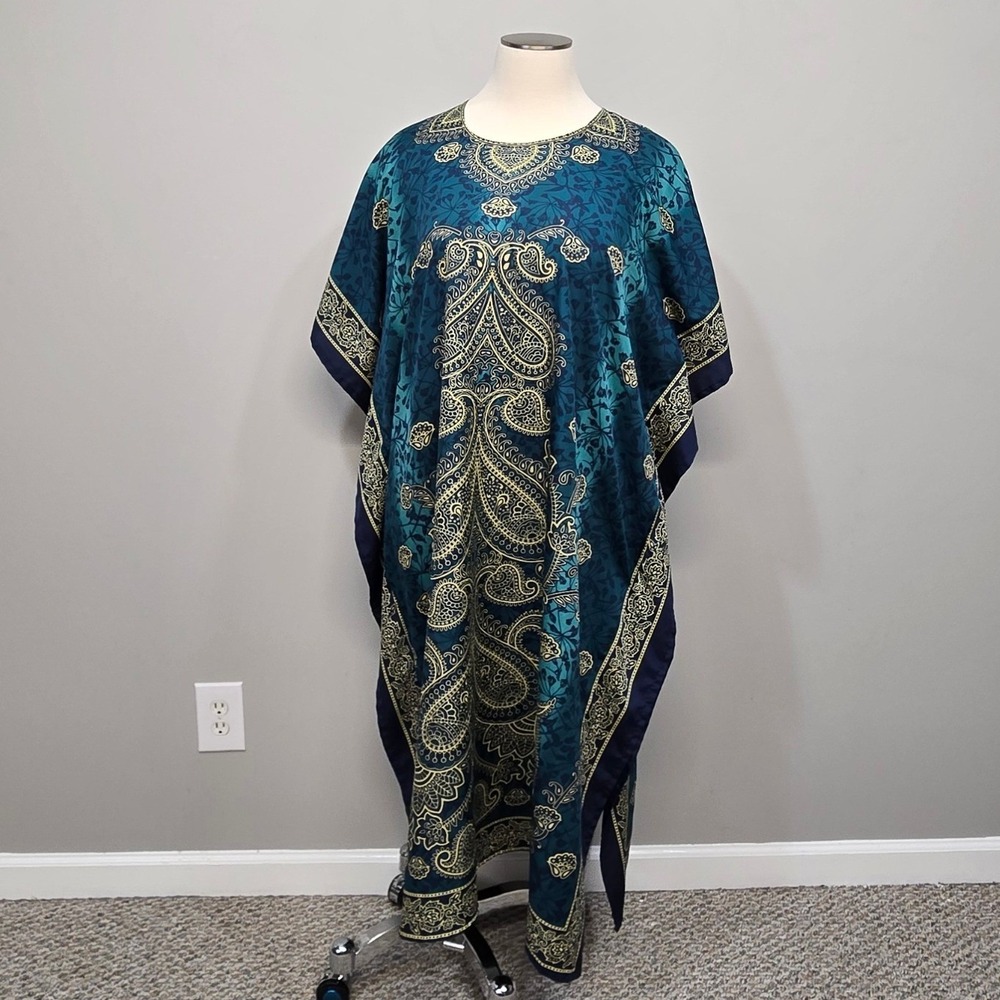 Gypsie Blu Caftan One Size Teal Gold Paisley Kaftan Maxi Patio Dress Boho Resort